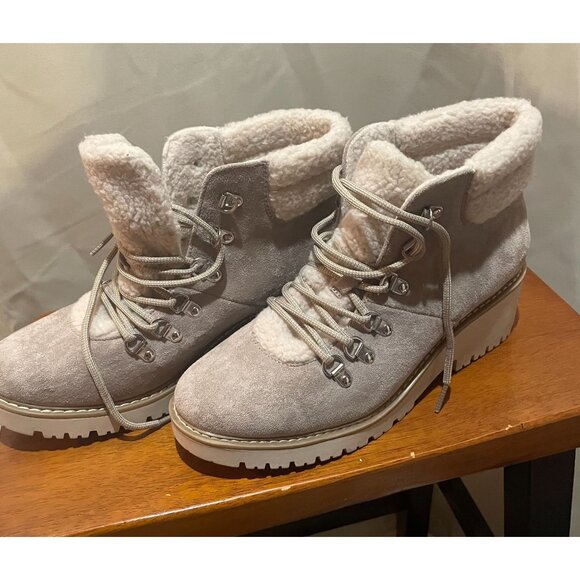 Womens Sonoma Taupe Faux Suede & Sherpa Lace-Up Winter Boots Wedge Sole Size 10M - Picture 1 of 5